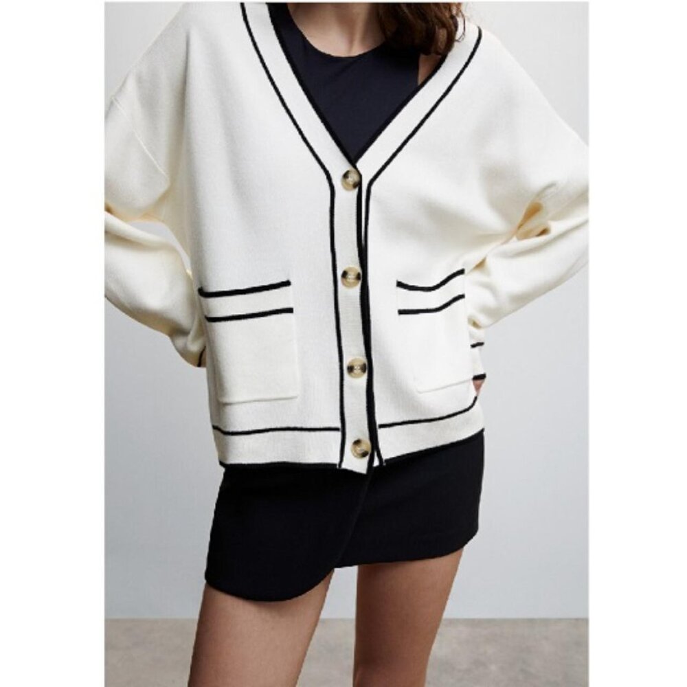 MANGO Contrast Trims Cardigan in Ecru size M